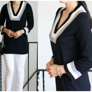 Tory Borch Cicada Merino Wool trim neck tunic sweater xsmall